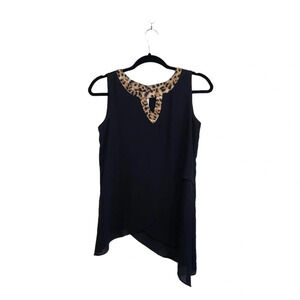 Cato Black & Leopard Collar Keyhole Front Asymmetrical Tank Top Xsmall Women’s